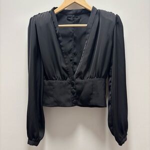 Deluc satin long sleeve crop blouse with shoulder pads